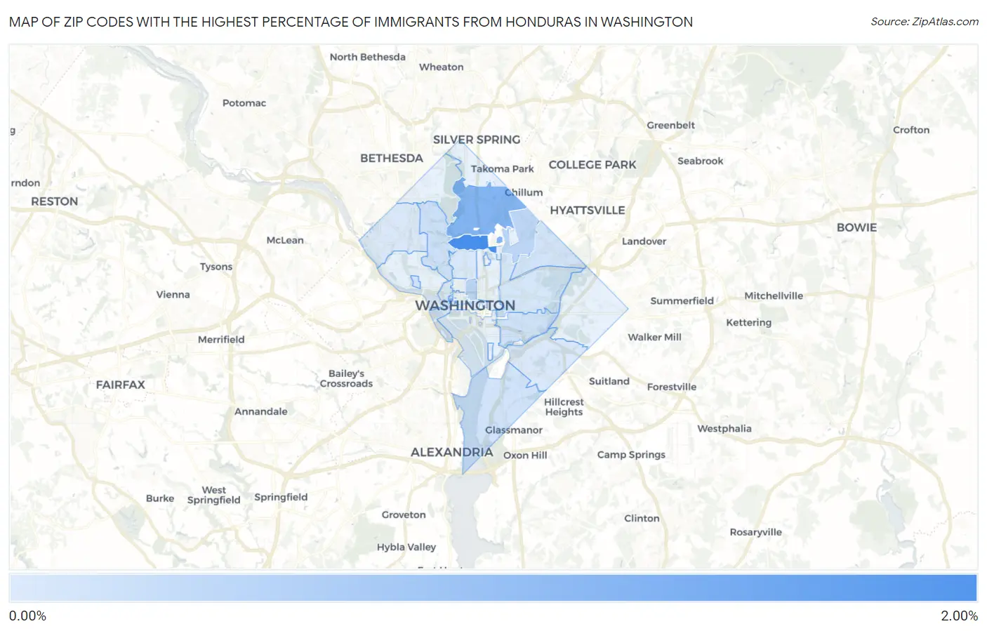 Zip Codes with the Highest Percentage of Immigrants from Honduras in Washington Map