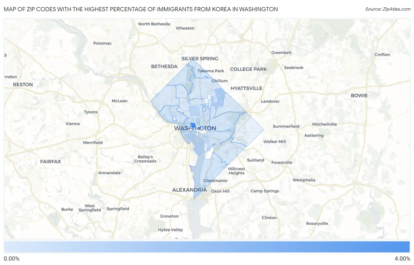 Zip Codes with the Highest Percentage of Immigrants from Korea in Washington Map