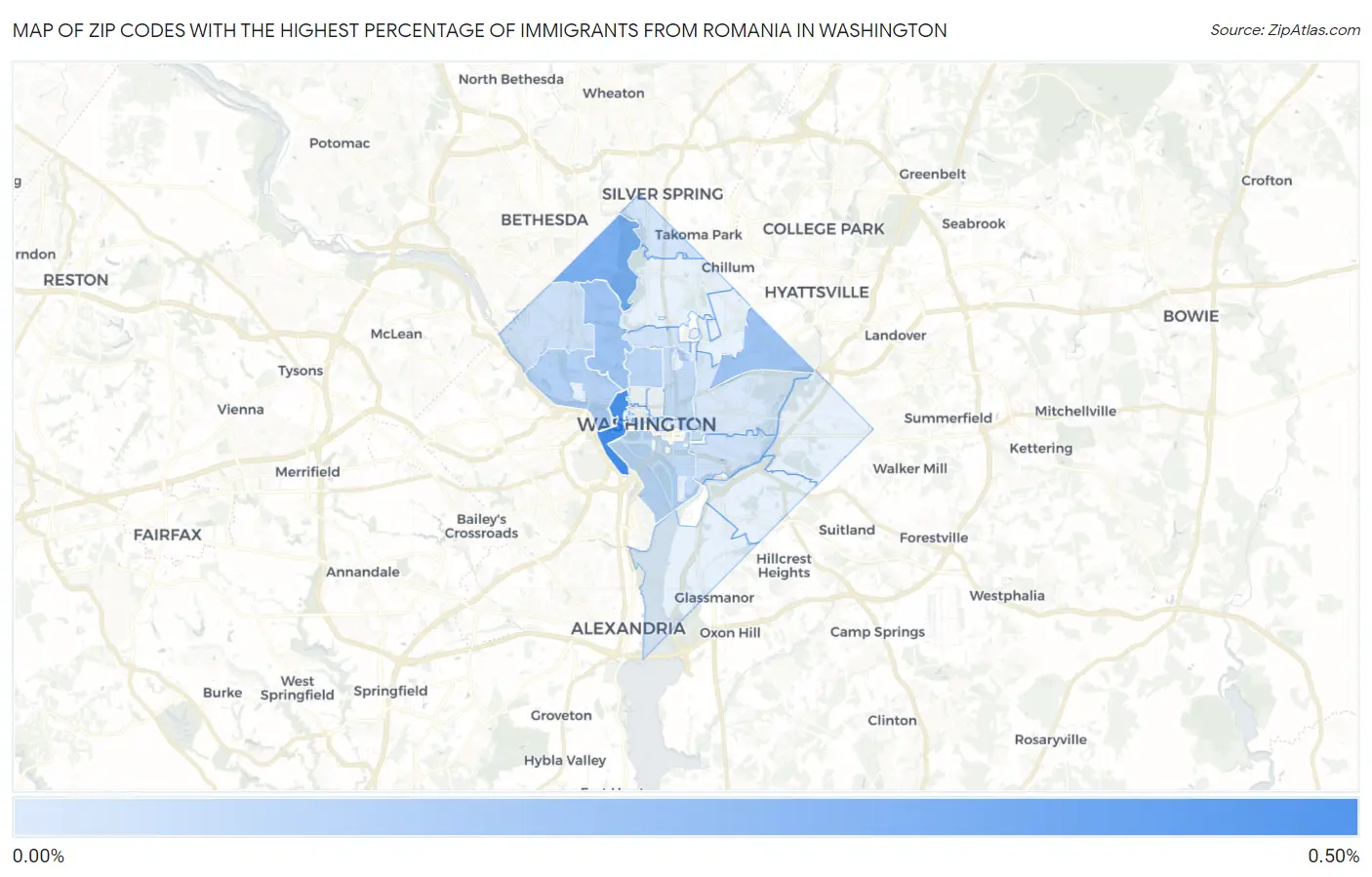 Zip Codes with the Highest Percentage of Immigrants from Romania in Washington Map