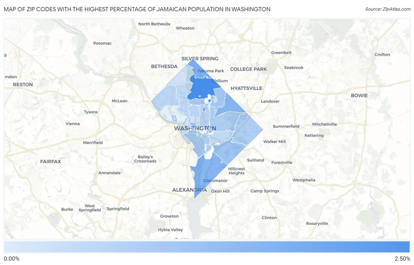 Zip Codes with the Highest Percentage of Jamaican Population in Washington Map