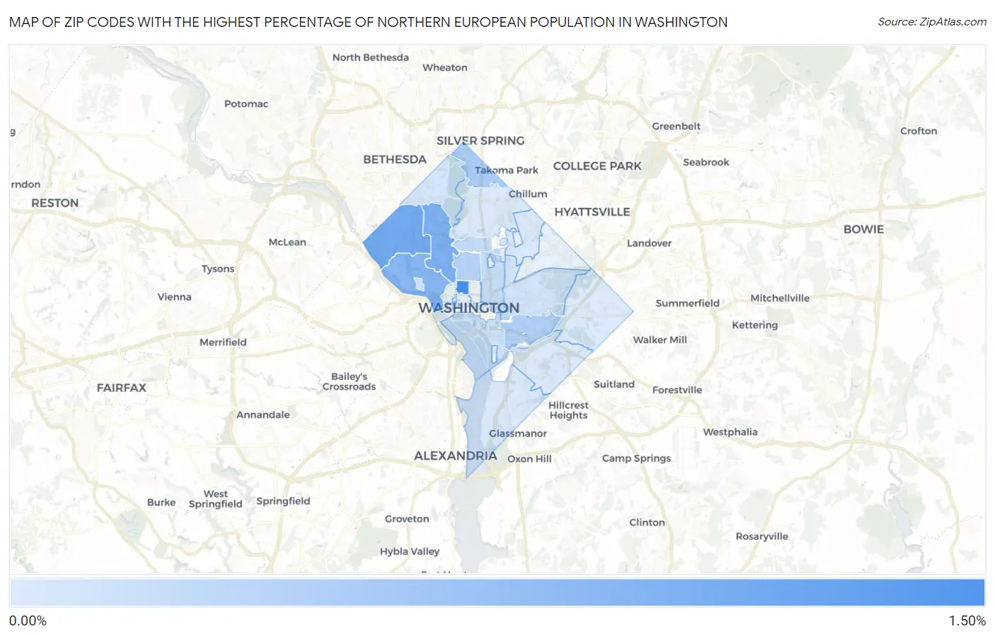 Zip Codes with the Highest Percentage of Northern European Population in Washington Map
