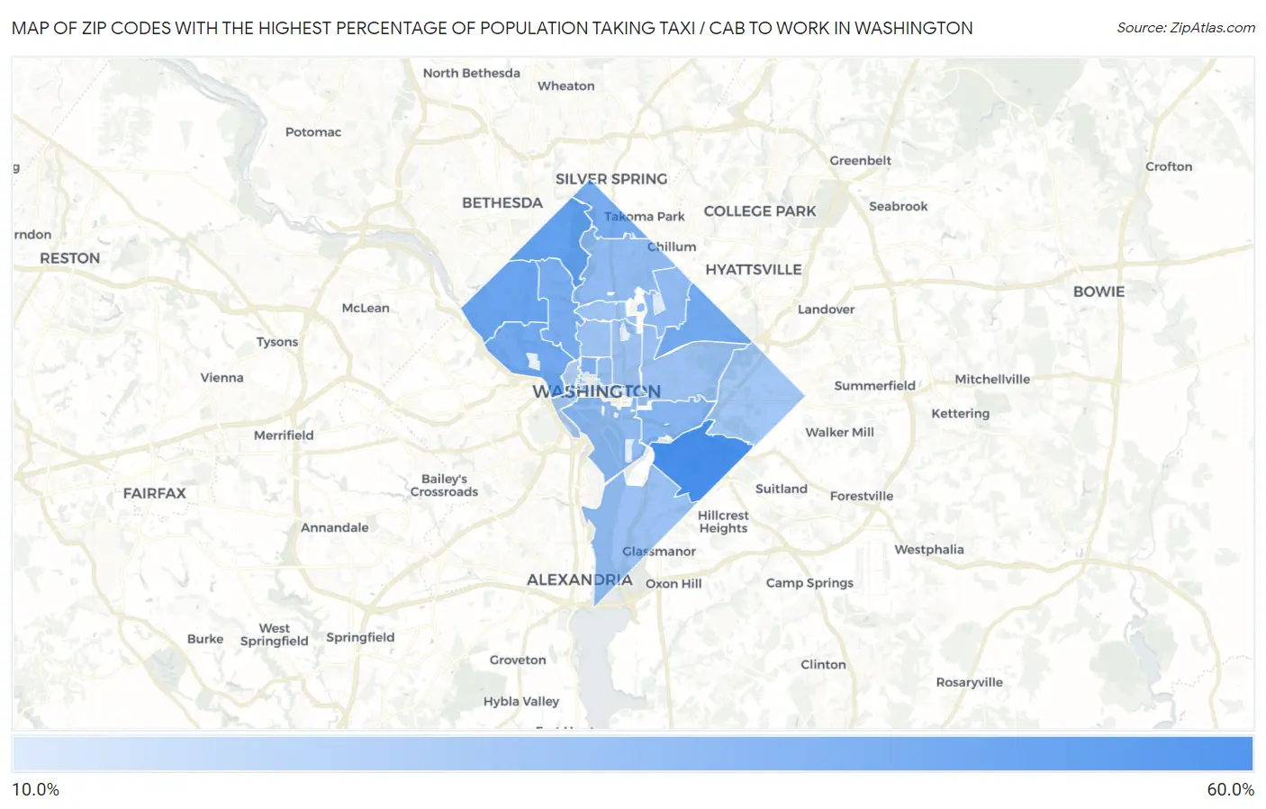 Zip Codes with the Highest Percentage of Population Taking Taxi / Cab to Work in Washington Map