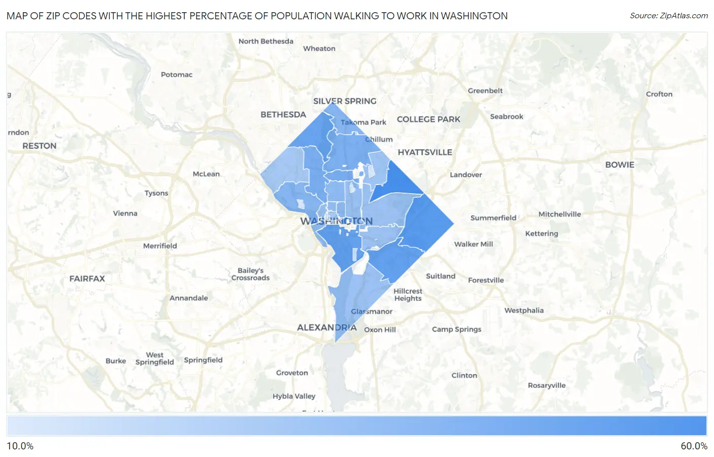 Zip Codes with the Highest Percentage of Population Walking to Work in Washington Map