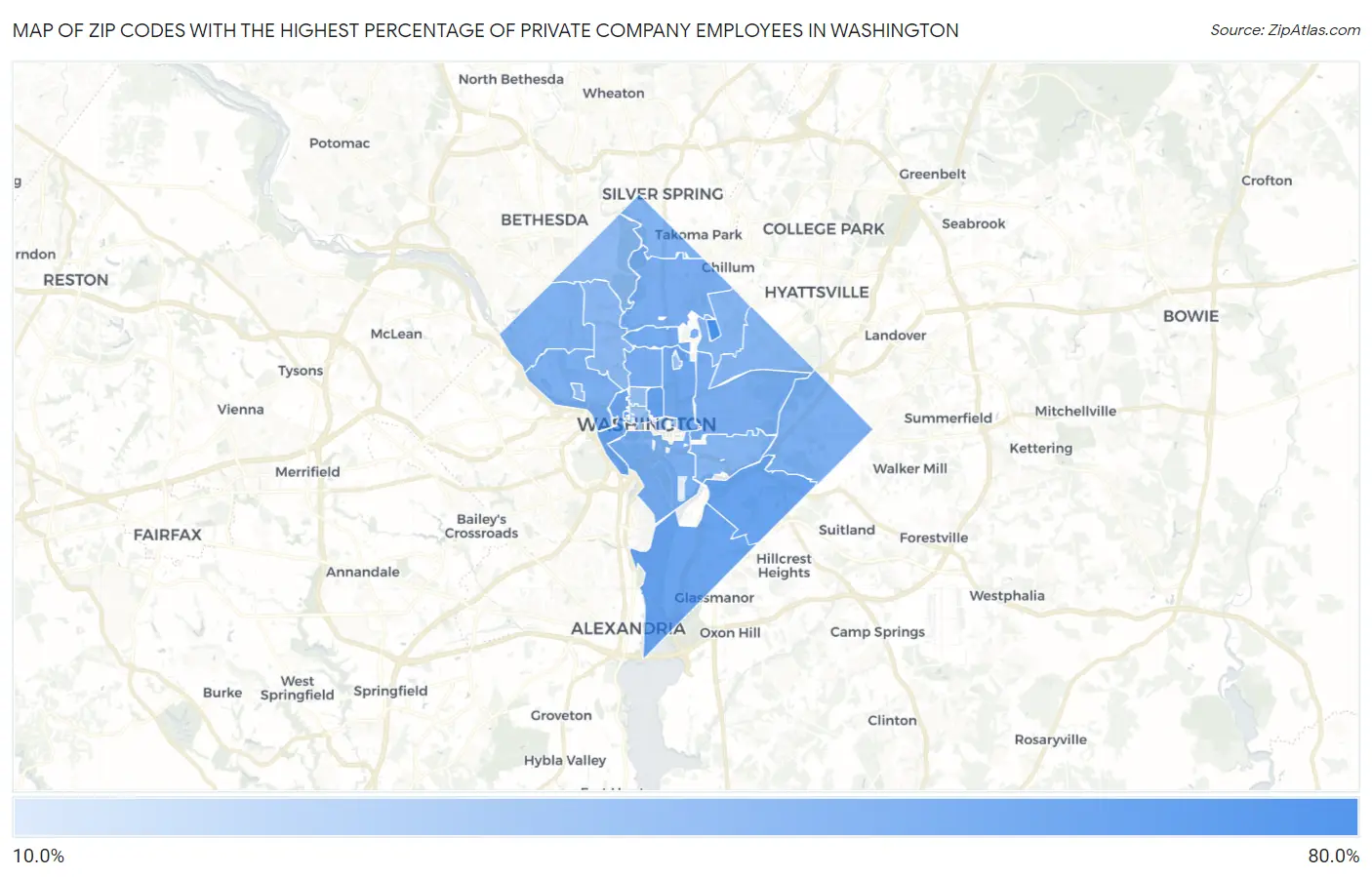 Zip Codes with the Highest Percentage of Private Company Employees in Washington Map