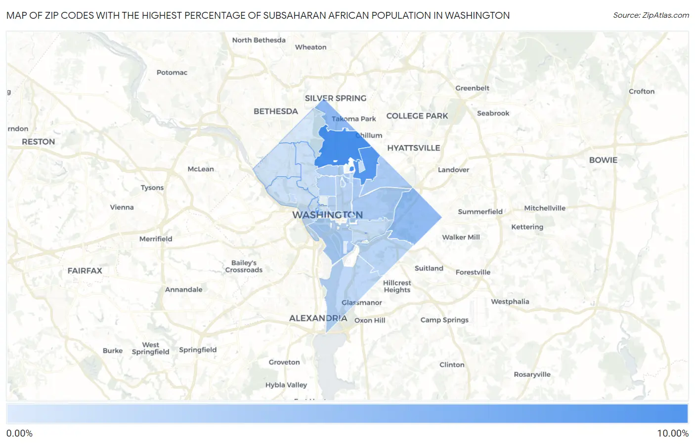Zip Codes with the Highest Percentage of Subsaharan African Population in Washington Map