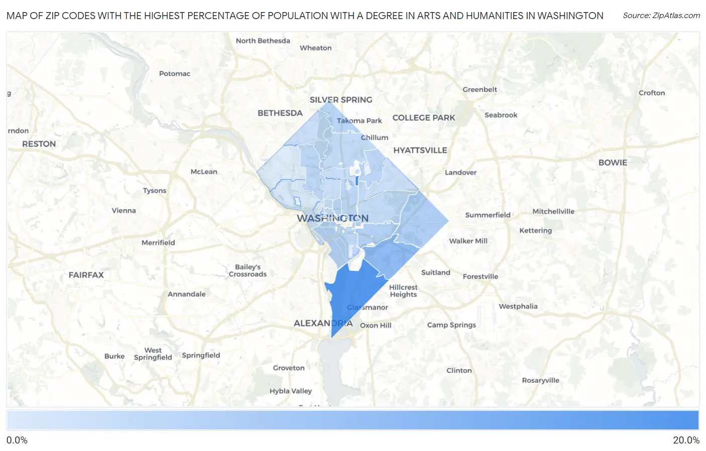 Zip Codes with the Highest Percentage of Population with a Degree in Arts and Humanities in Washington Map