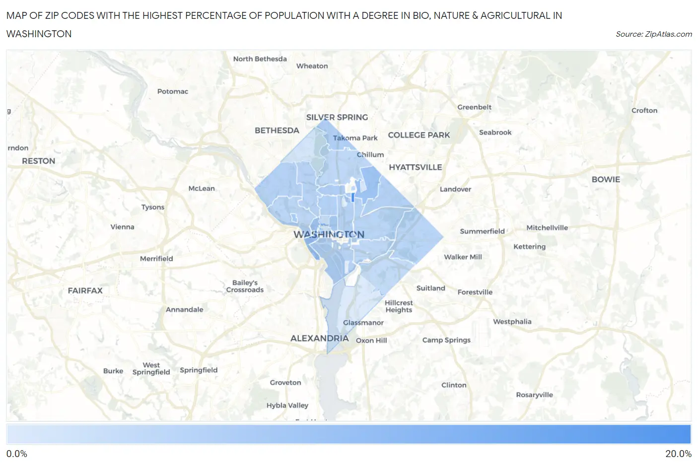 Zip Codes with the Highest Percentage of Population with a Degree in Bio, Nature & Agricultural in Washington Map