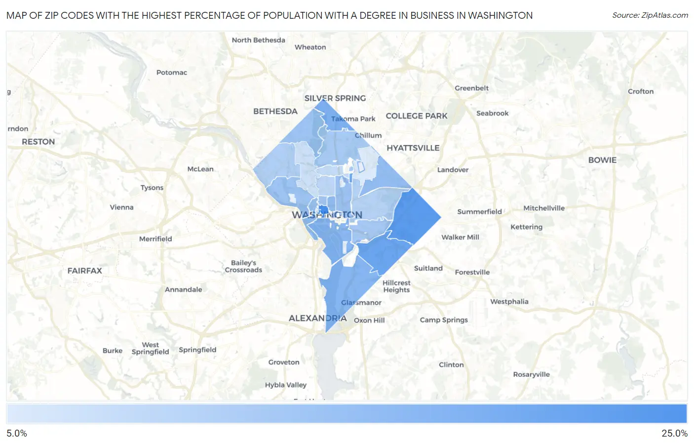 Zip Codes with the Highest Percentage of Population with a Degree in Business in Washington Map