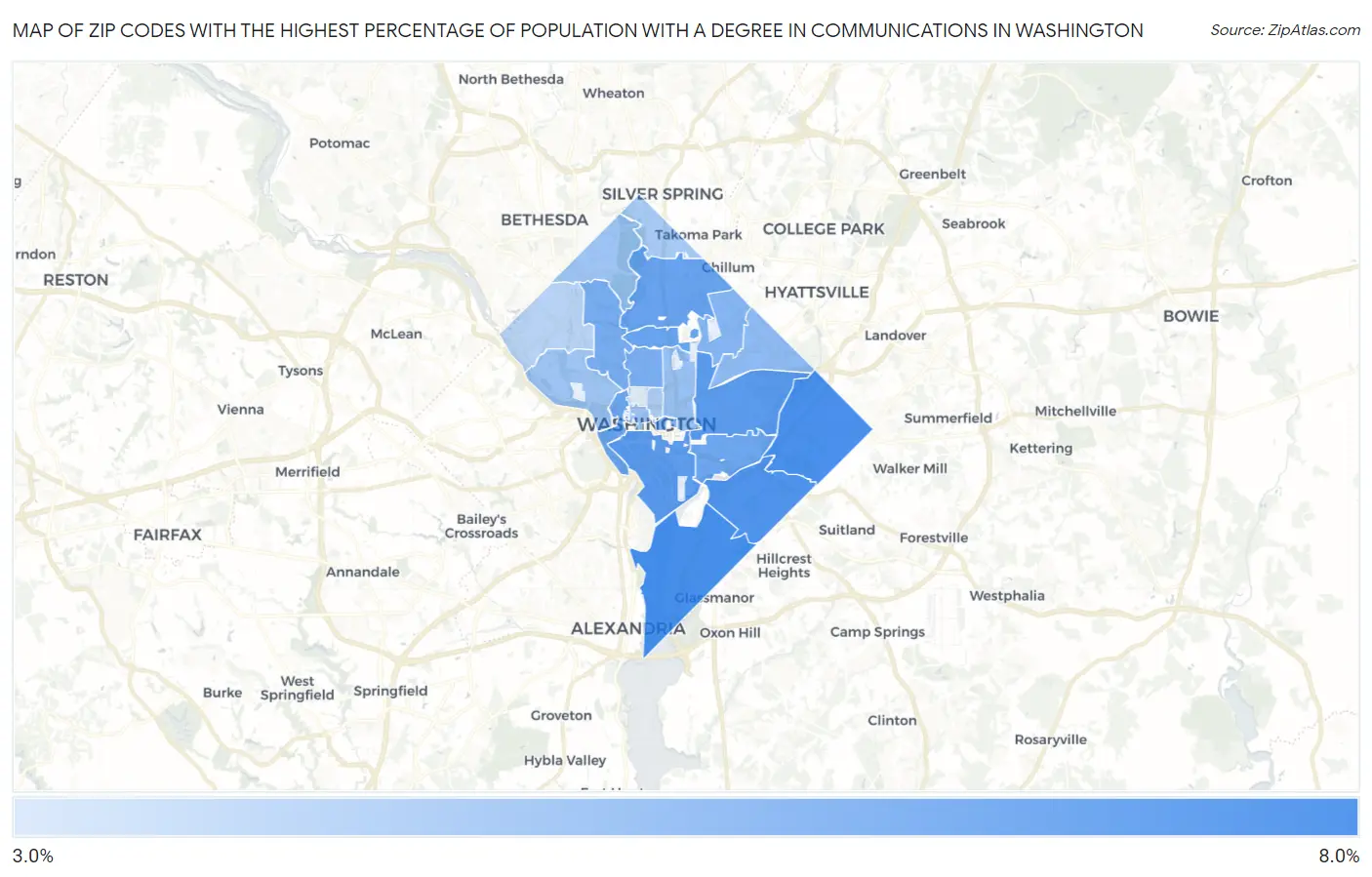 Zip Codes with the Highest Percentage of Population with a Degree in Communications in Washington Map