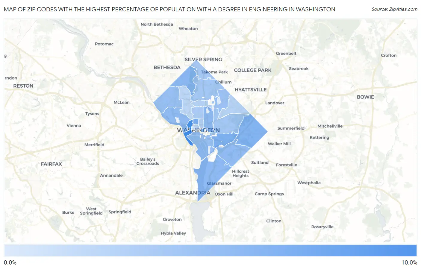 Zip Codes with the Highest Percentage of Population with a Degree in Engineering in Washington Map
