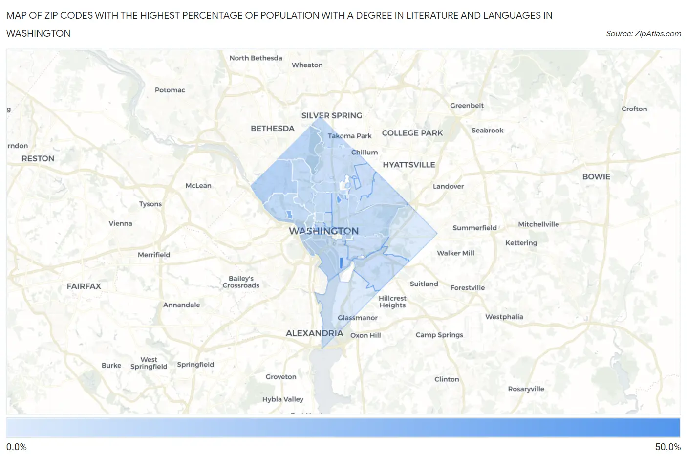 Zip Codes with the Highest Percentage of Population with a Degree in Literature and Languages in Washington Map