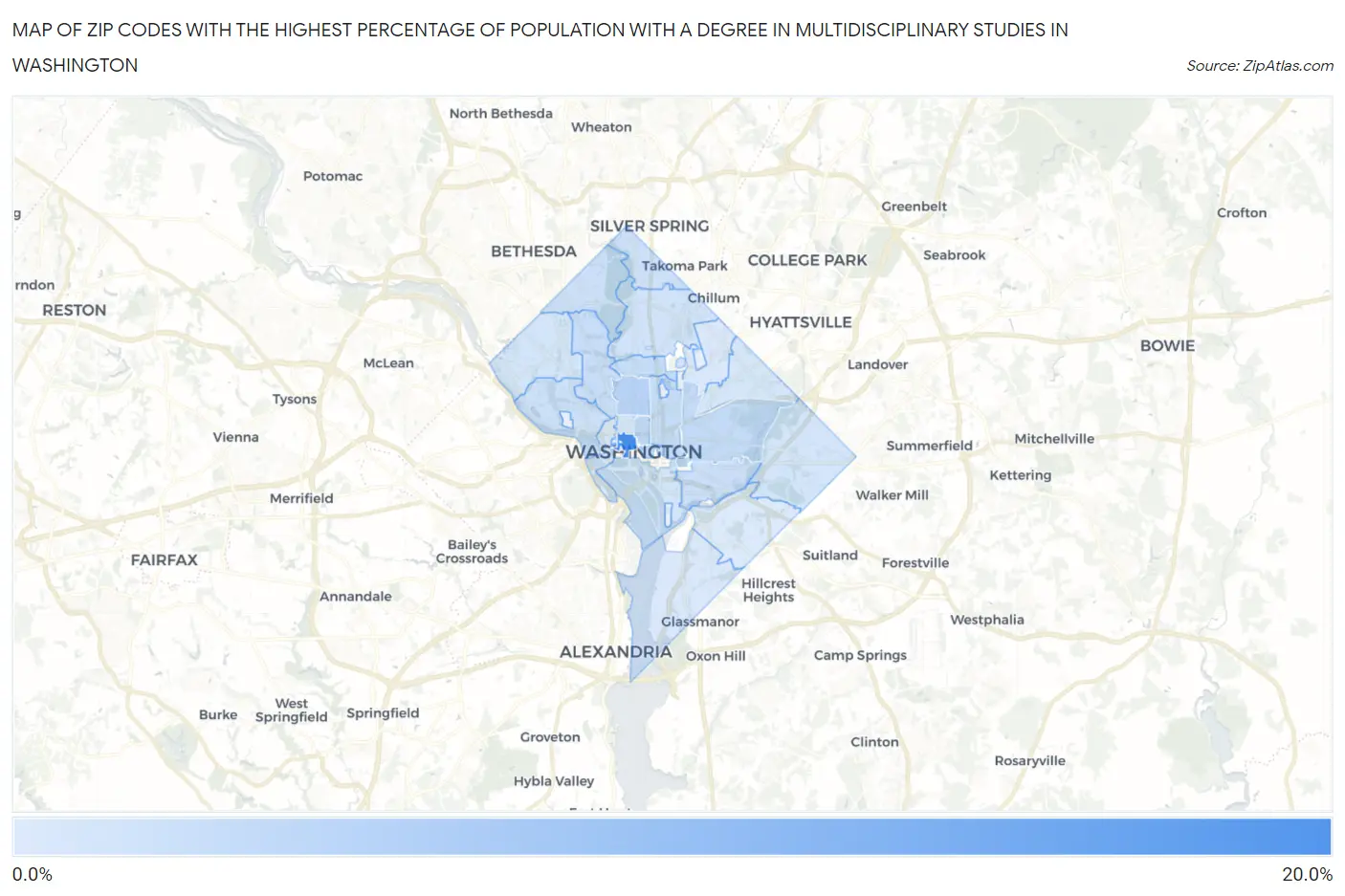 Zip Codes with the Highest Percentage of Population with a Degree in Multidisciplinary Studies in Washington Map