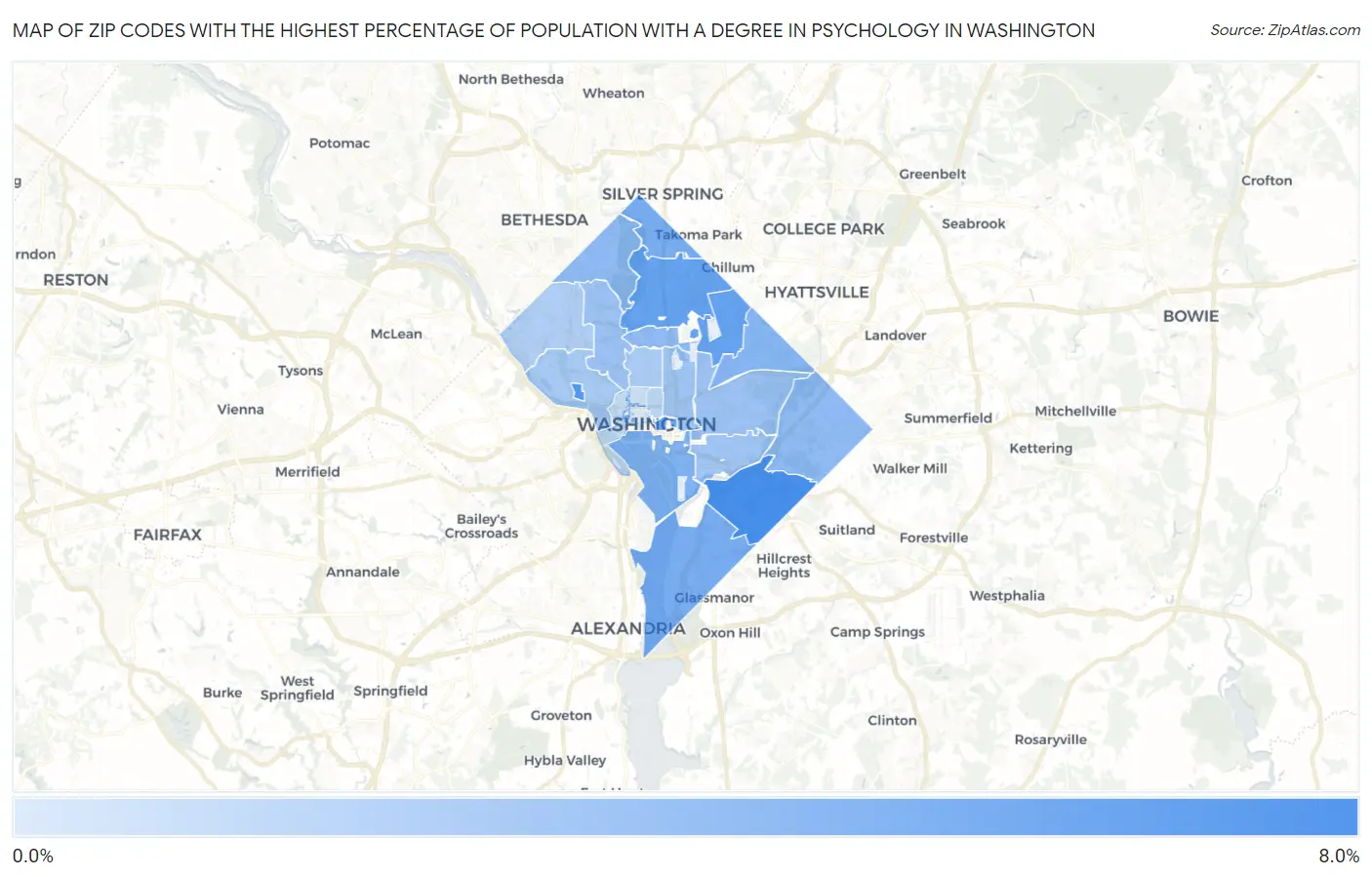 Zip Codes with the Highest Percentage of Population with a Degree in Psychology in Washington Map