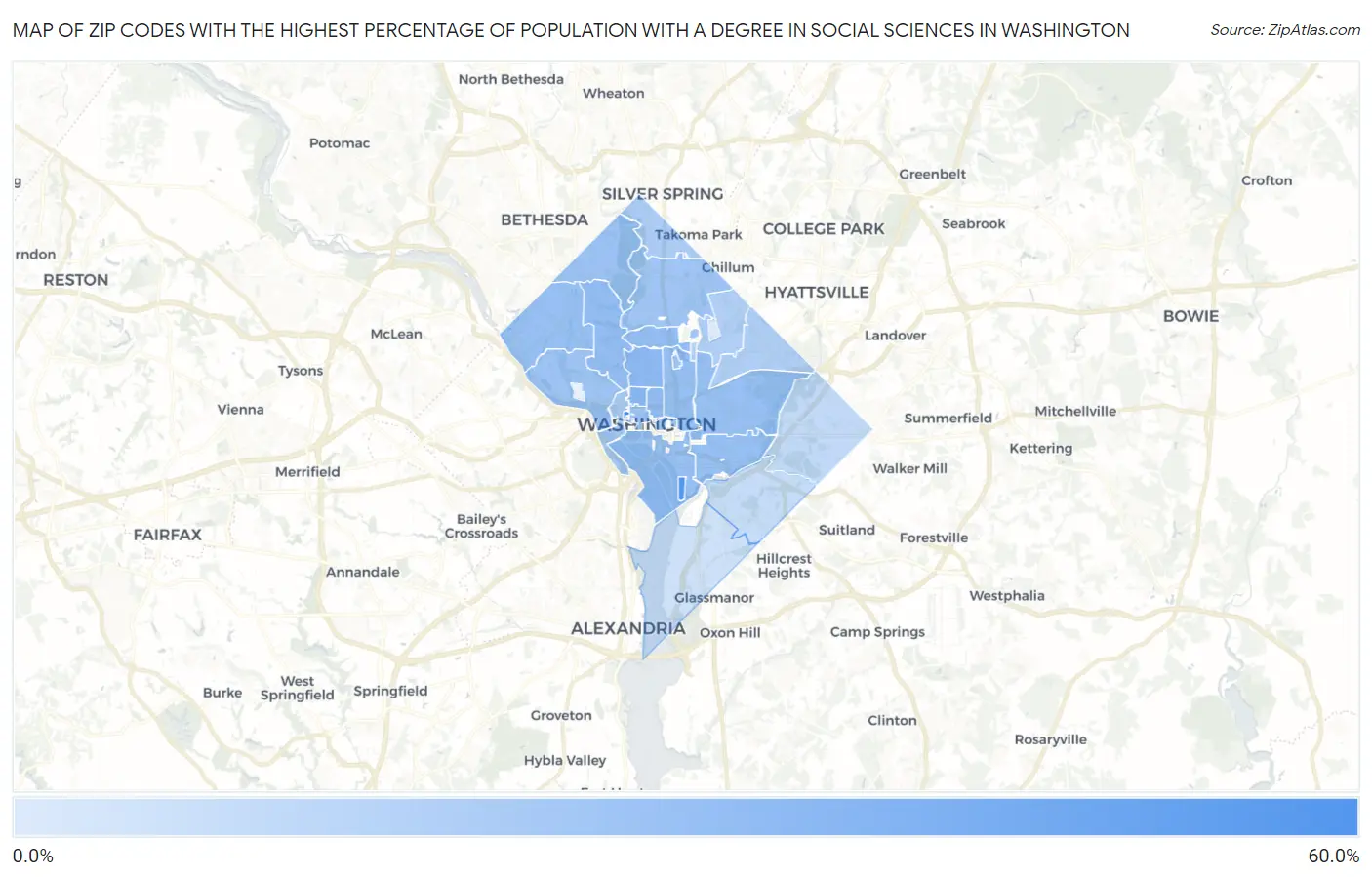 Zip Codes with the Highest Percentage of Population with a Degree in Social Sciences in Washington Map