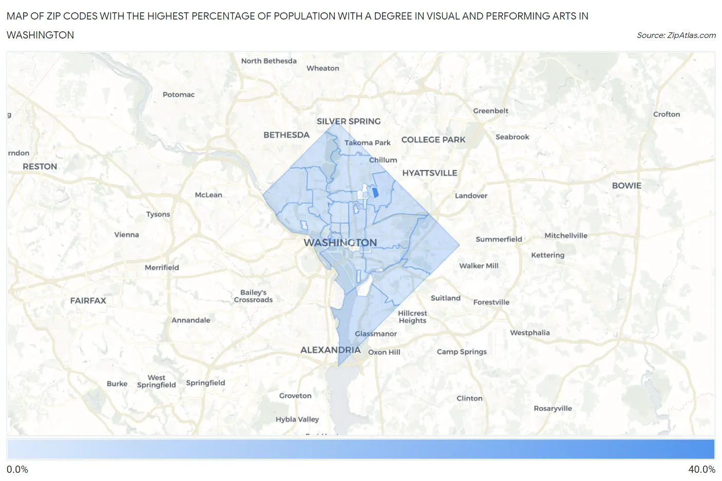 Zip Codes with the Highest Percentage of Population with a Degree in Visual and Performing Arts in Washington Map