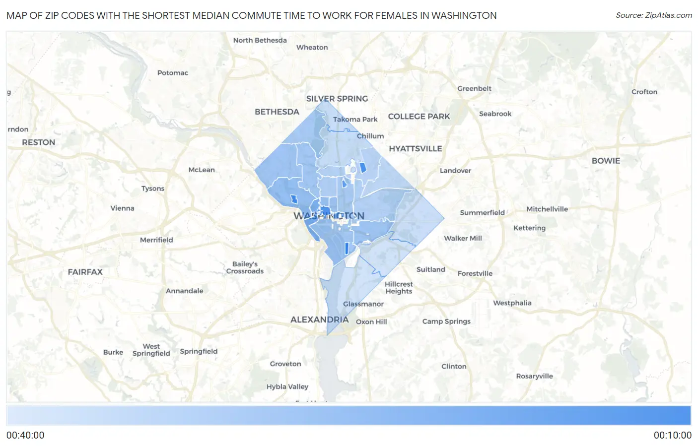 Zip Codes with the Shortest Median Commute Time to Work for Females in Washington Map