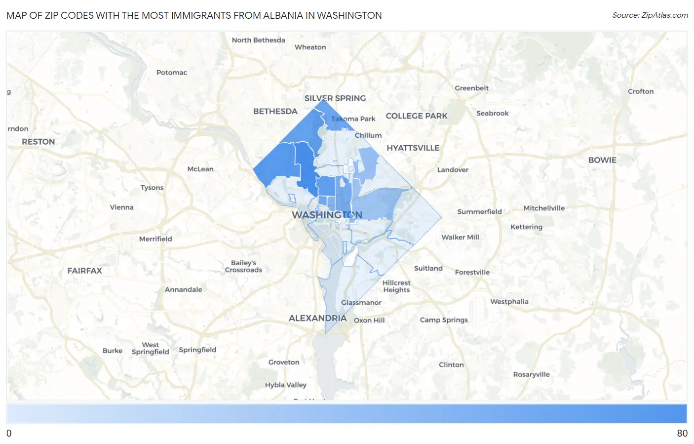 Zip Codes with the Most Immigrants from Albania in Washington Map