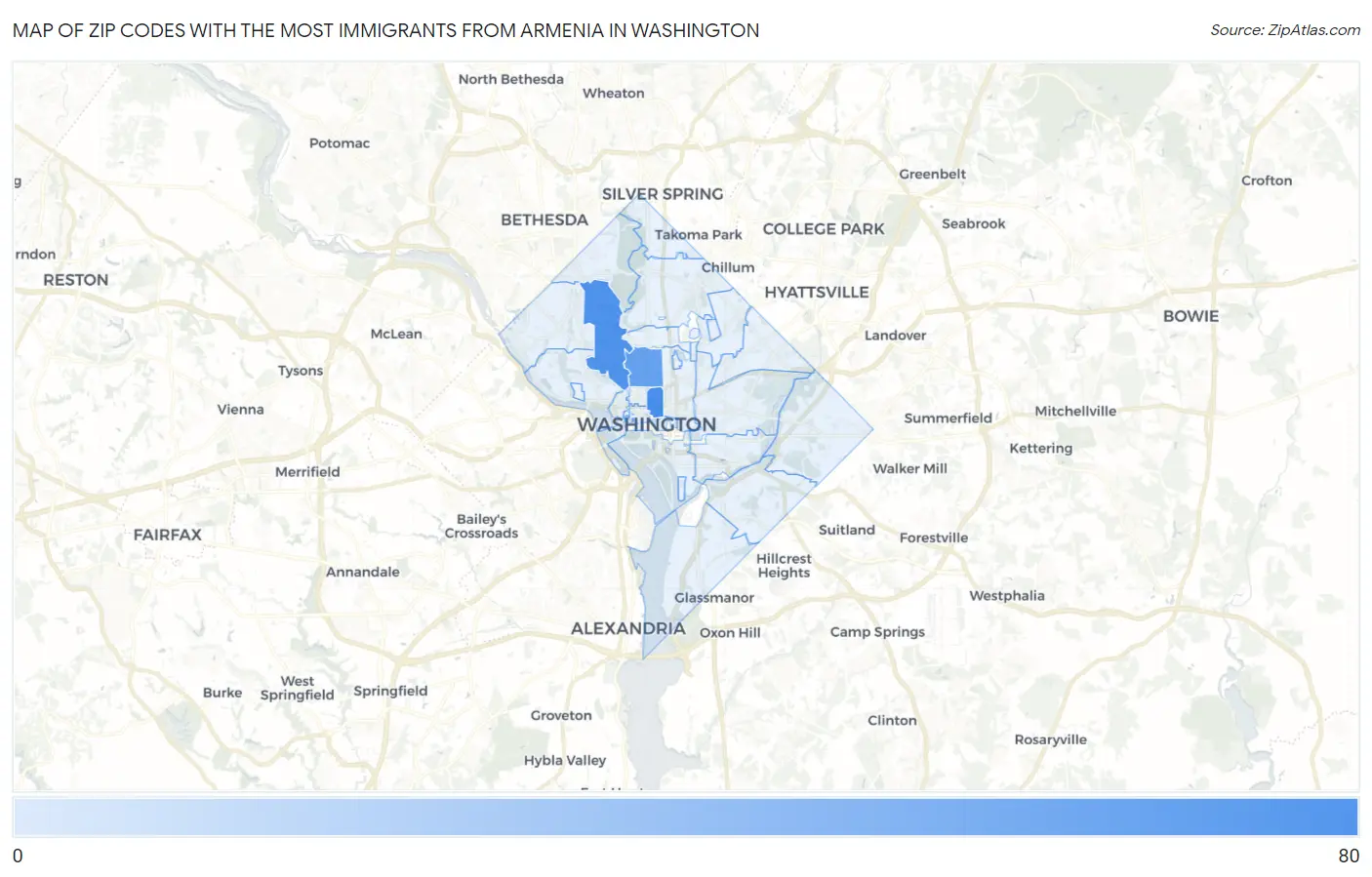 Zip Codes with the Most Immigrants from Armenia in Washington Map