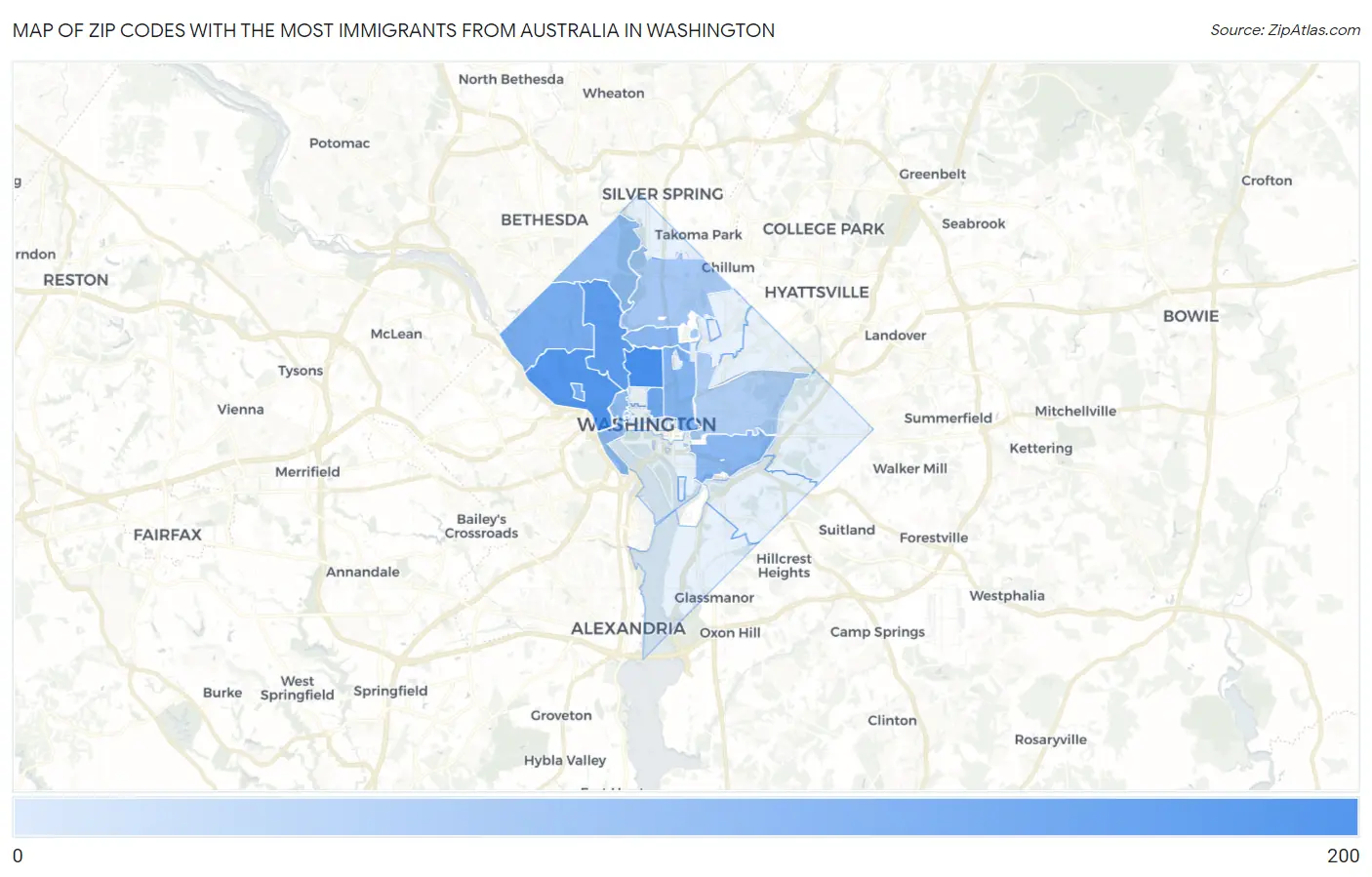 Zip Codes with the Most Immigrants from Australia in Washington Map