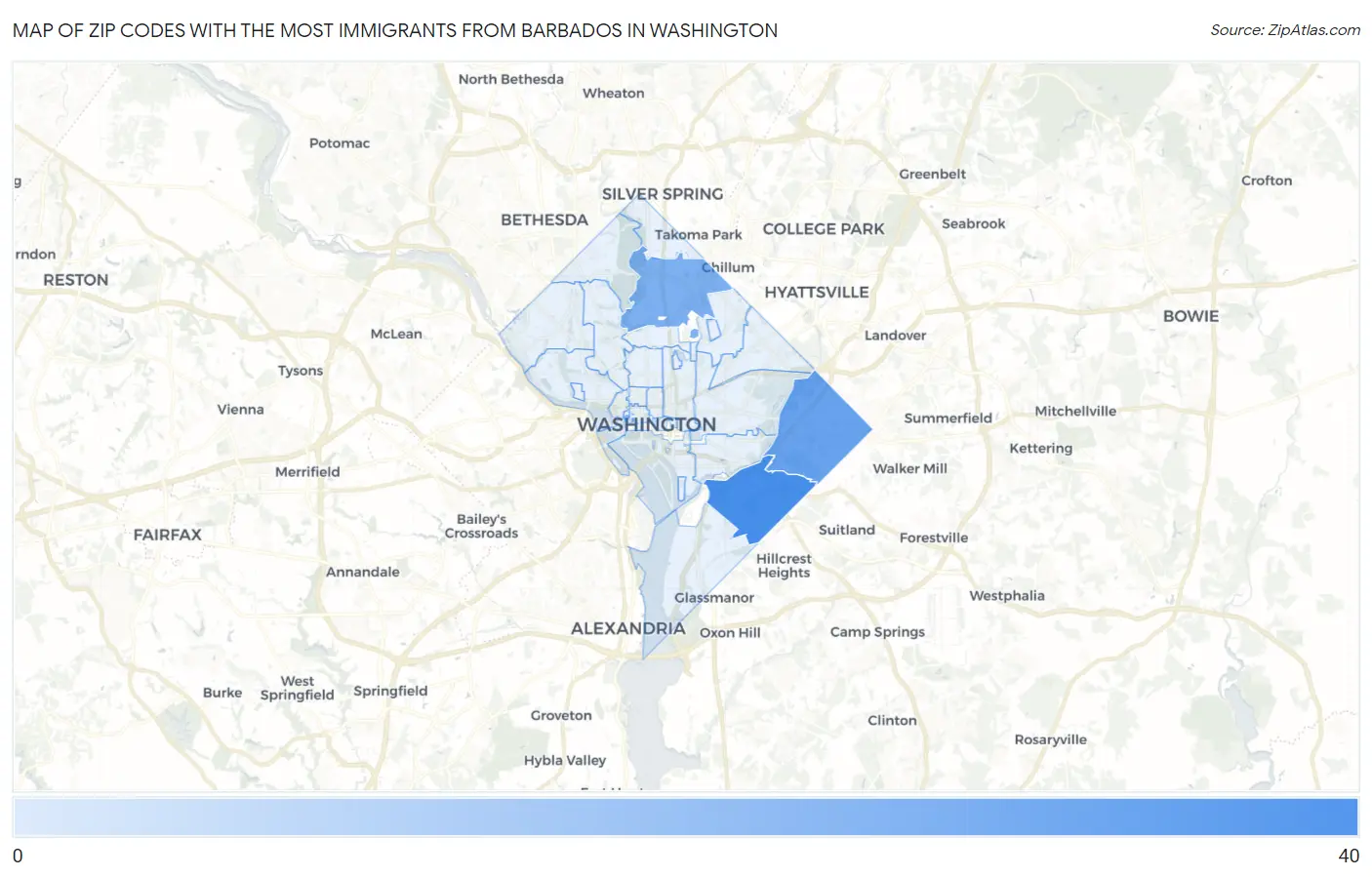 Zip Codes with the Most Immigrants from Barbados in Washington Map