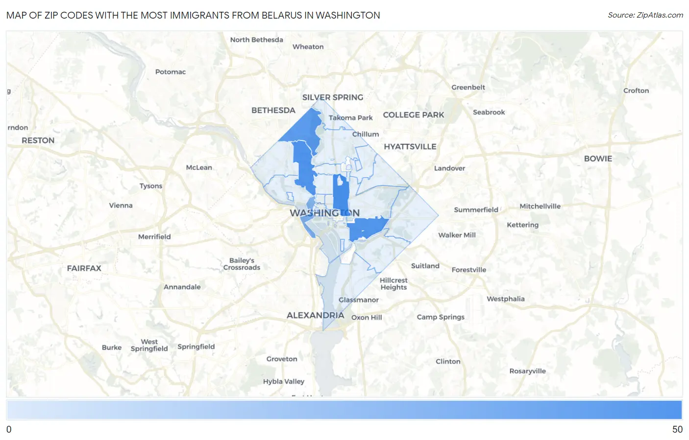 Zip Codes with the Most Immigrants from Belarus in Washington Map