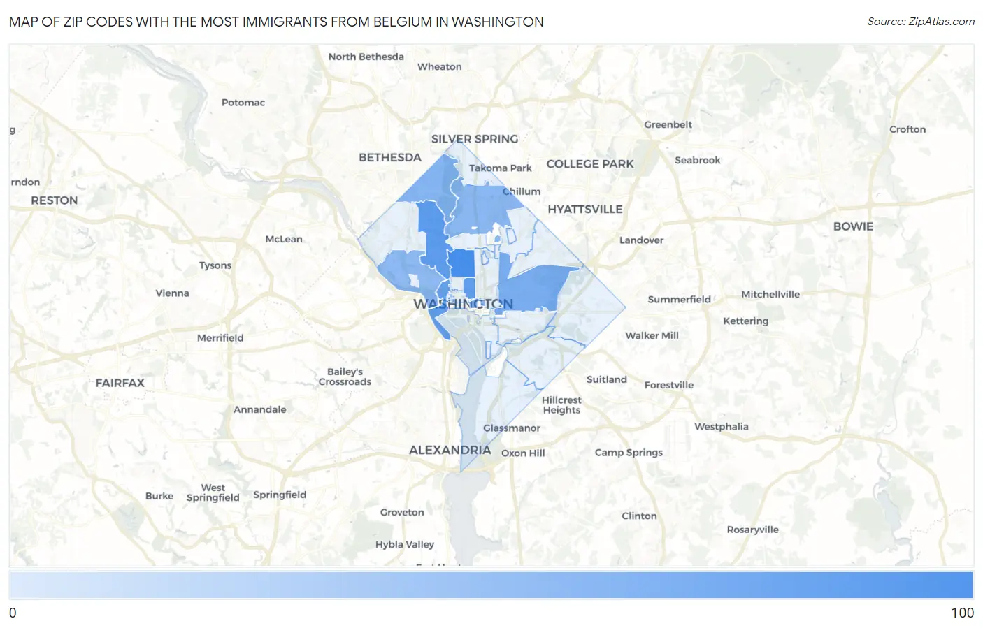 Zip Codes with the Most Immigrants from Belgium in Washington Map