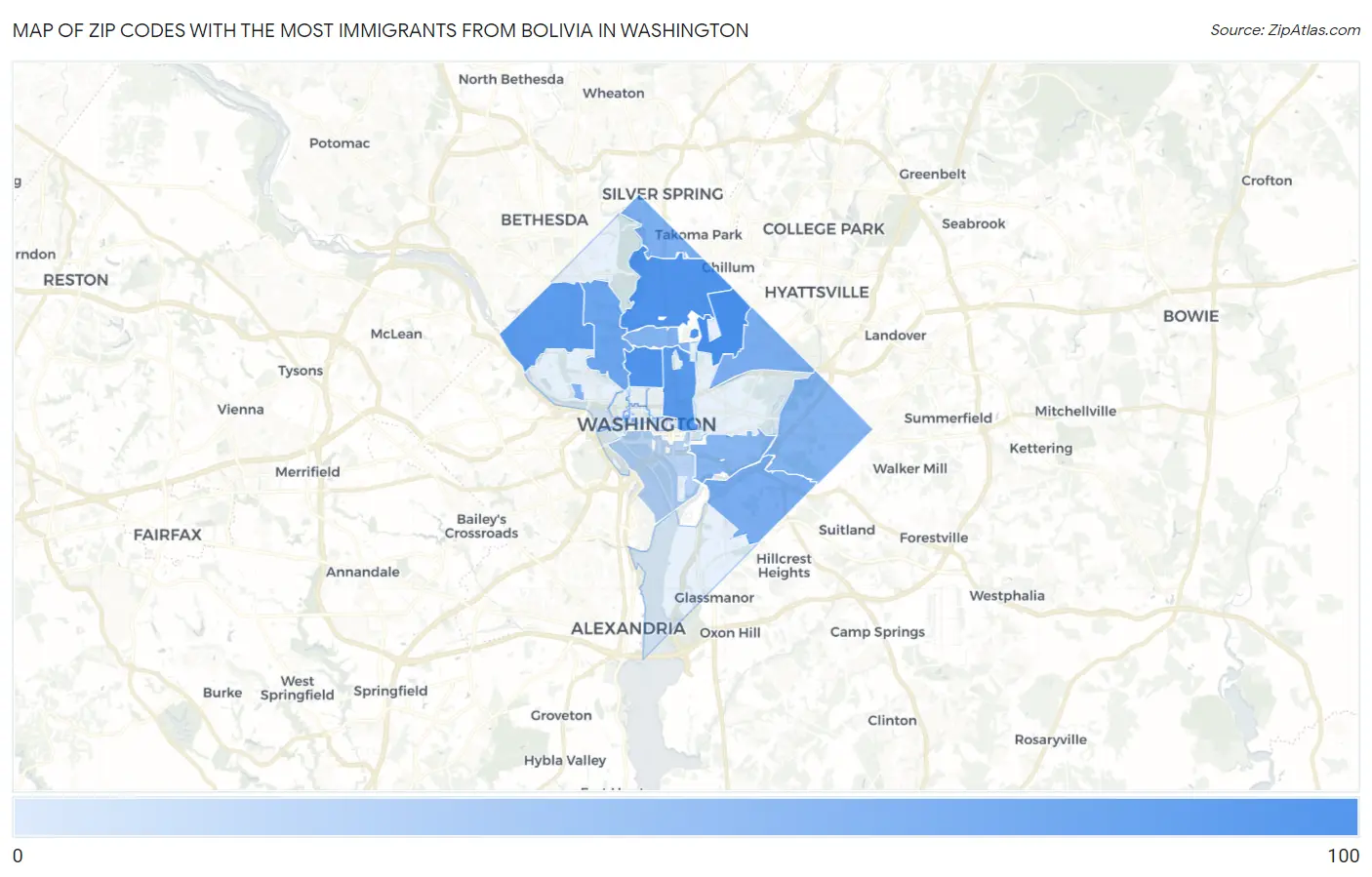 Zip Codes with the Most Immigrants from Bolivia in Washington Map