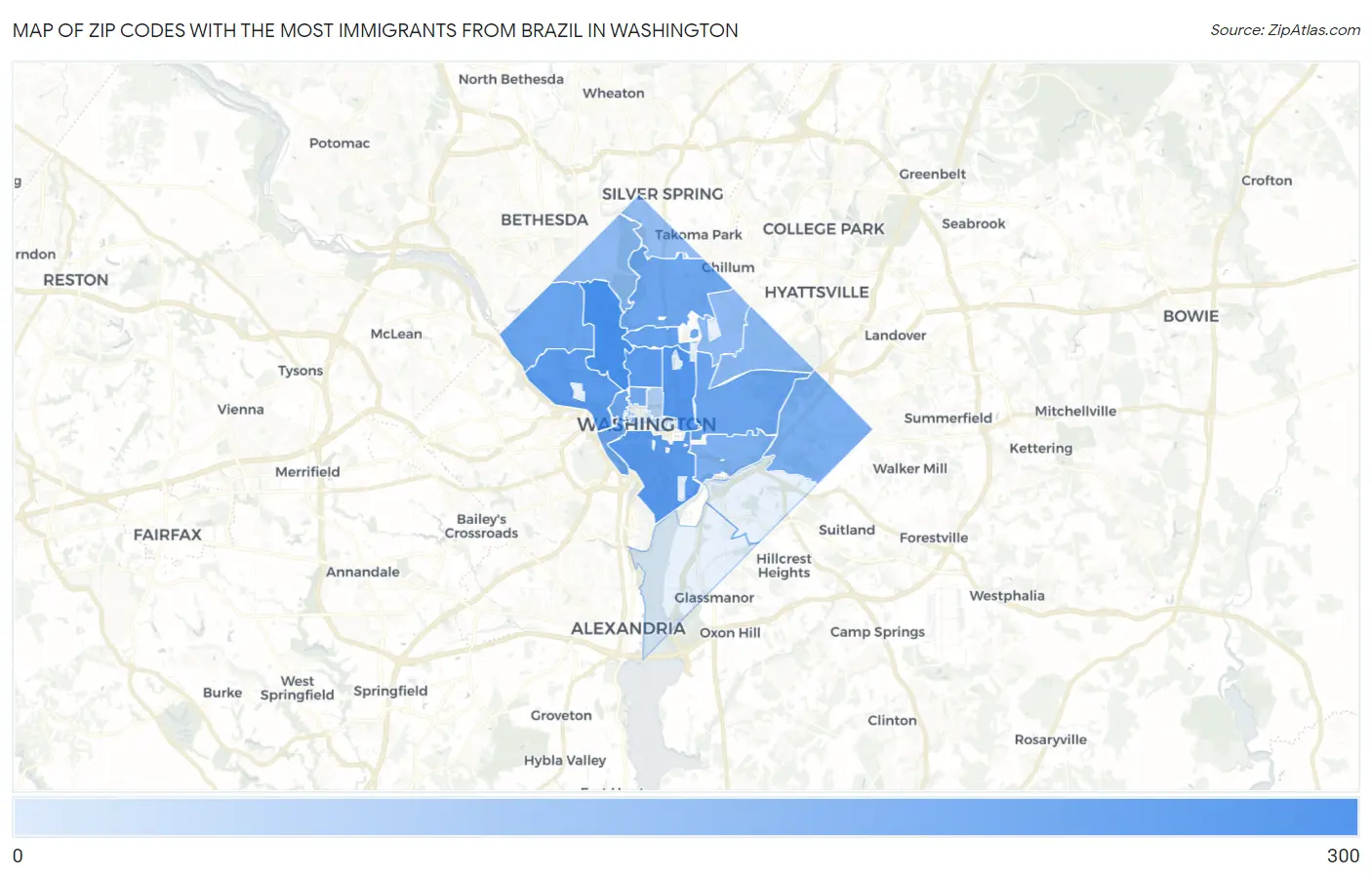 Zip Codes with the Most Immigrants from Brazil in Washington Map