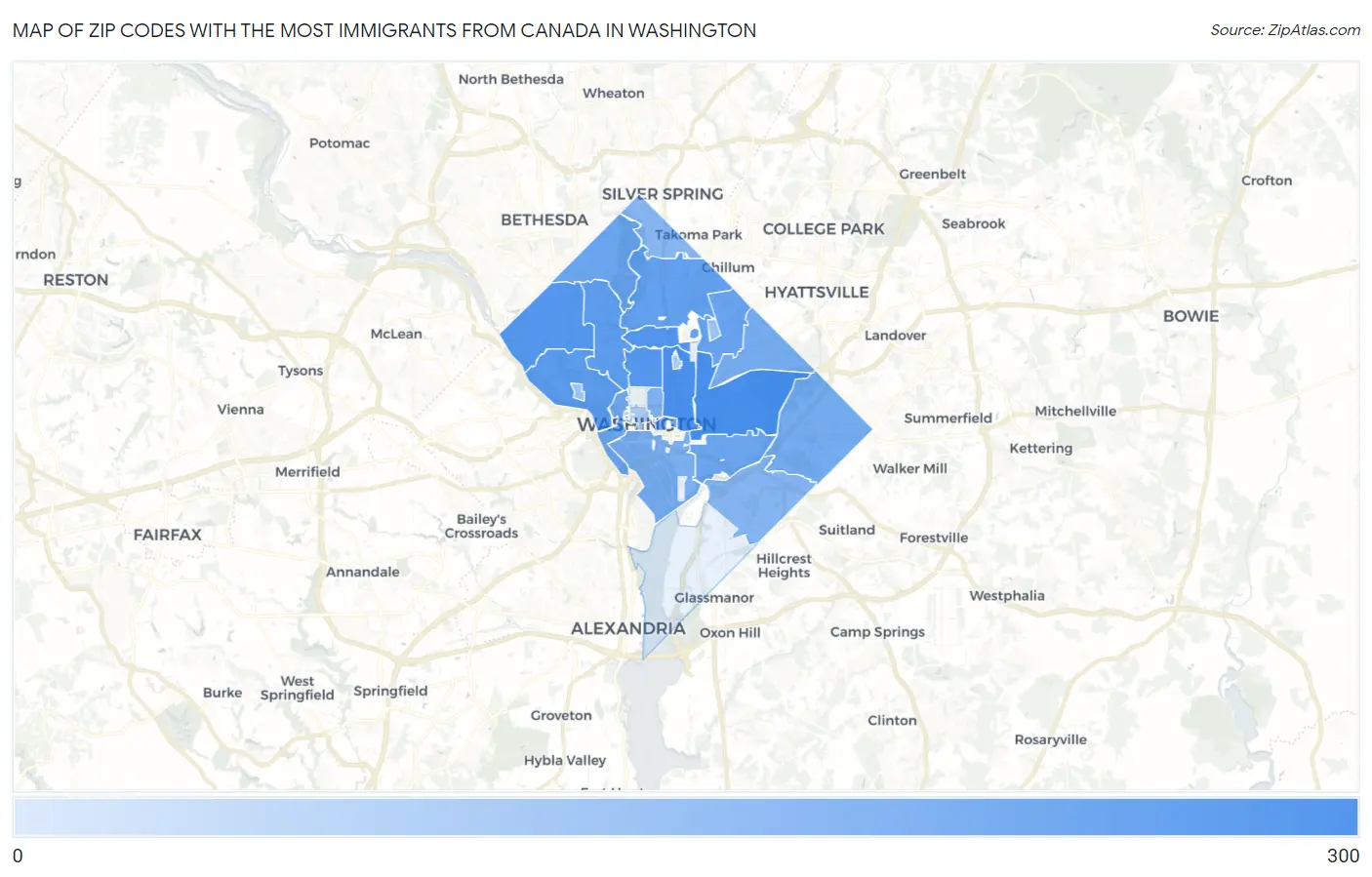 Zip Codes with the Most Immigrants from Canada in Washington Map