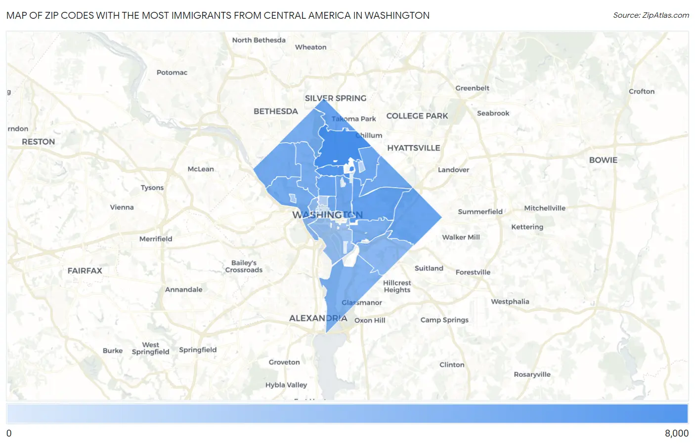 Zip Codes with the Most Immigrants from Central America in Washington Map