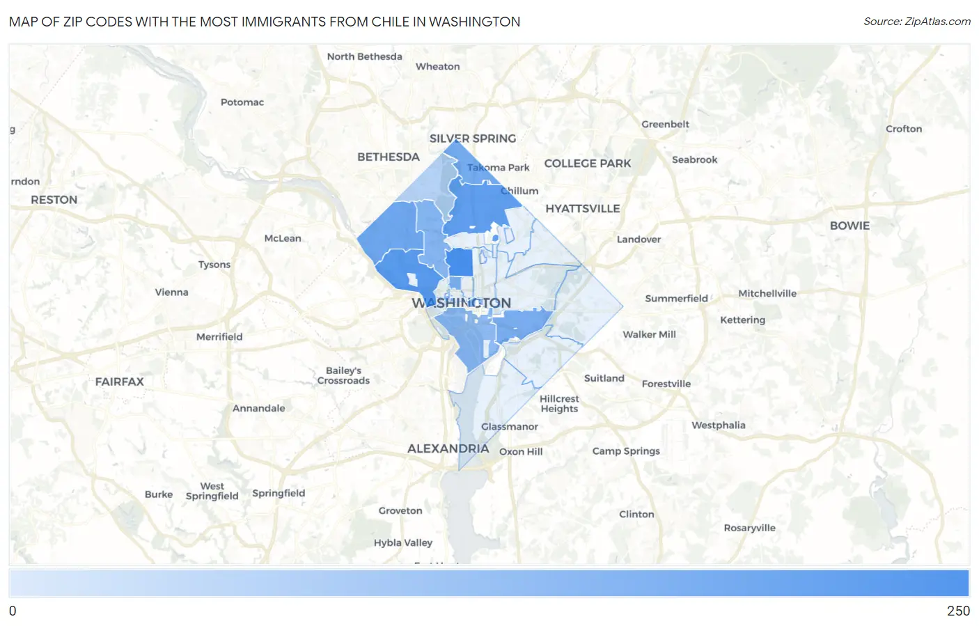 Zip Codes with the Most Immigrants from Chile in Washington Map