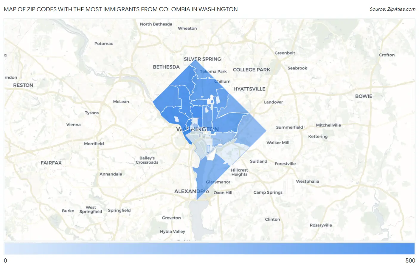 Zip Codes with the Most Immigrants from Colombia in Washington Map