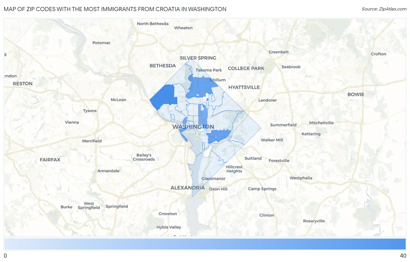 Zip Codes with the Most Immigrants from Croatia in Washington Map