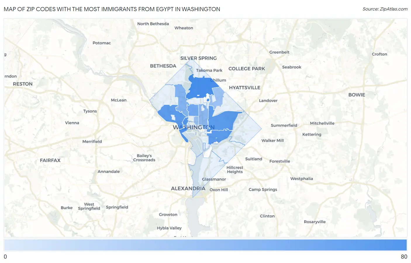 Zip Codes with the Most Immigrants from Egypt in Washington Map