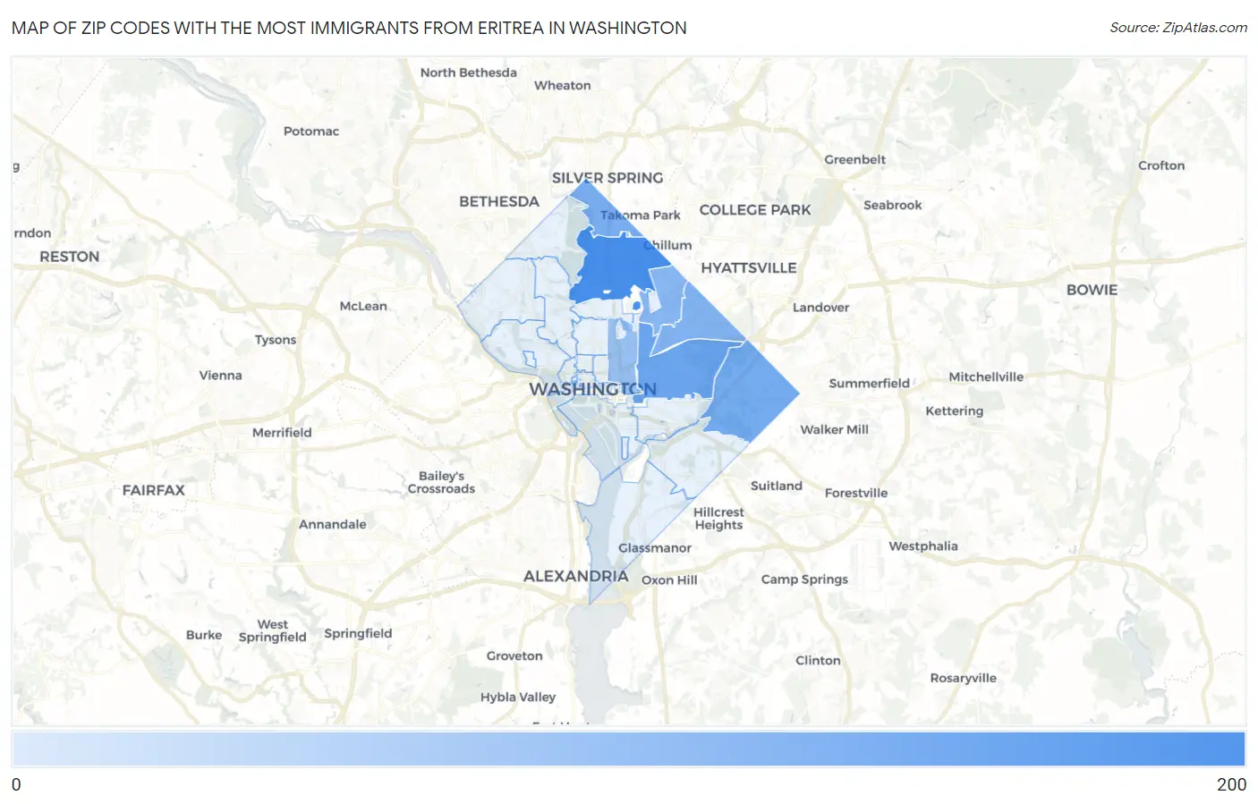 Zip Codes with the Most Immigrants from Eritrea in Washington Map