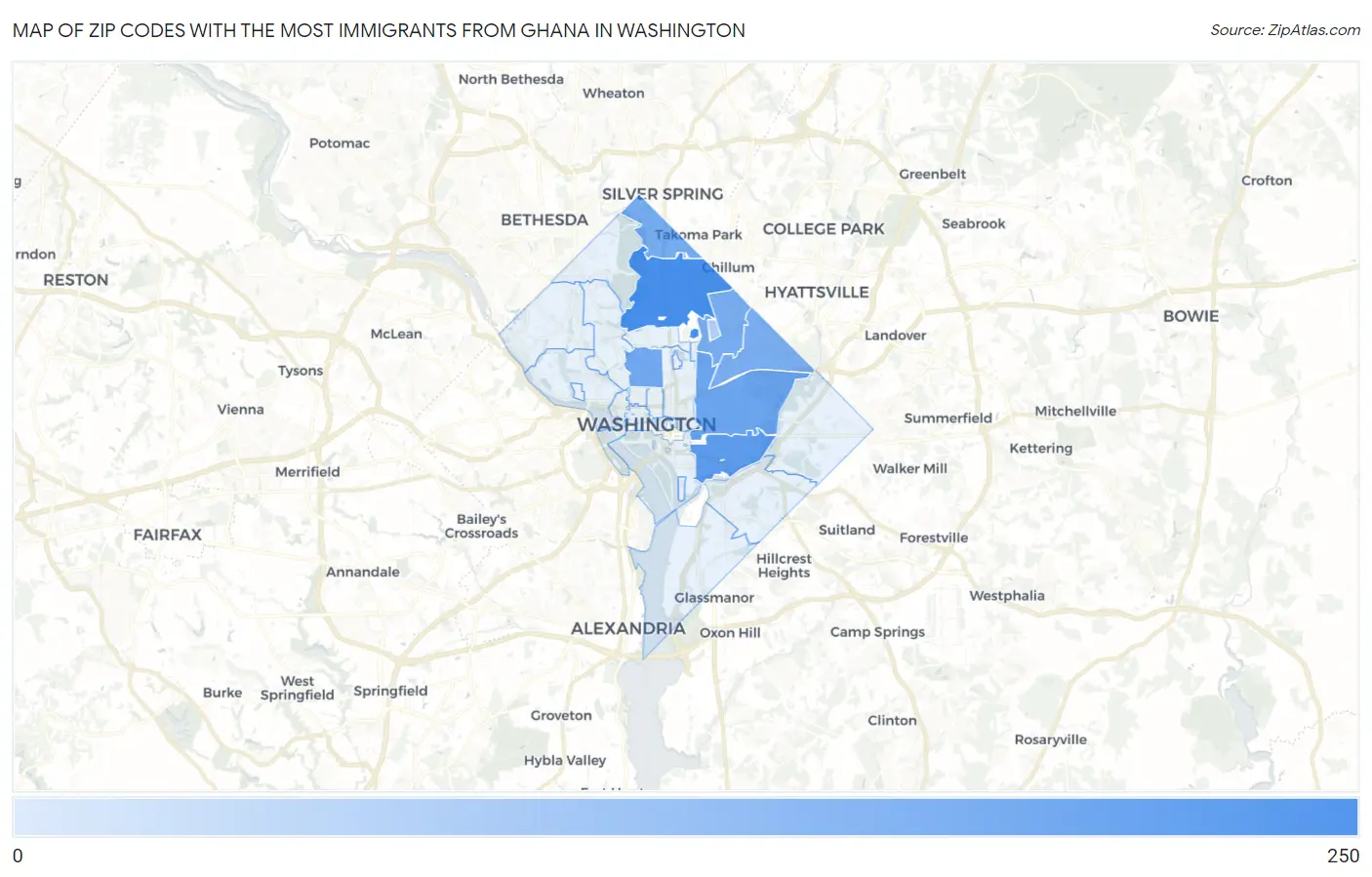 Zip Codes with the Most Immigrants from Ghana in Washington Map