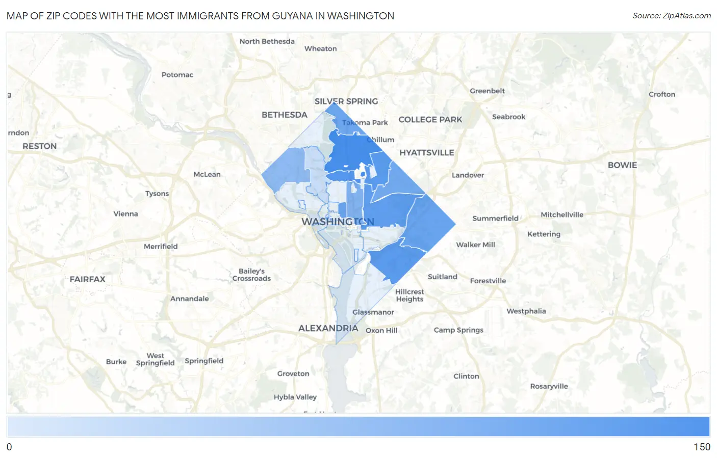 Zip Codes with the Most Immigrants from Guyana in Washington Map