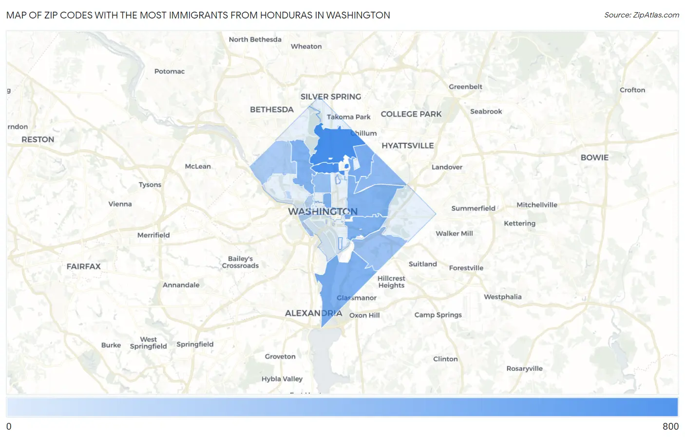 Zip Codes with the Most Immigrants from Honduras in Washington Map