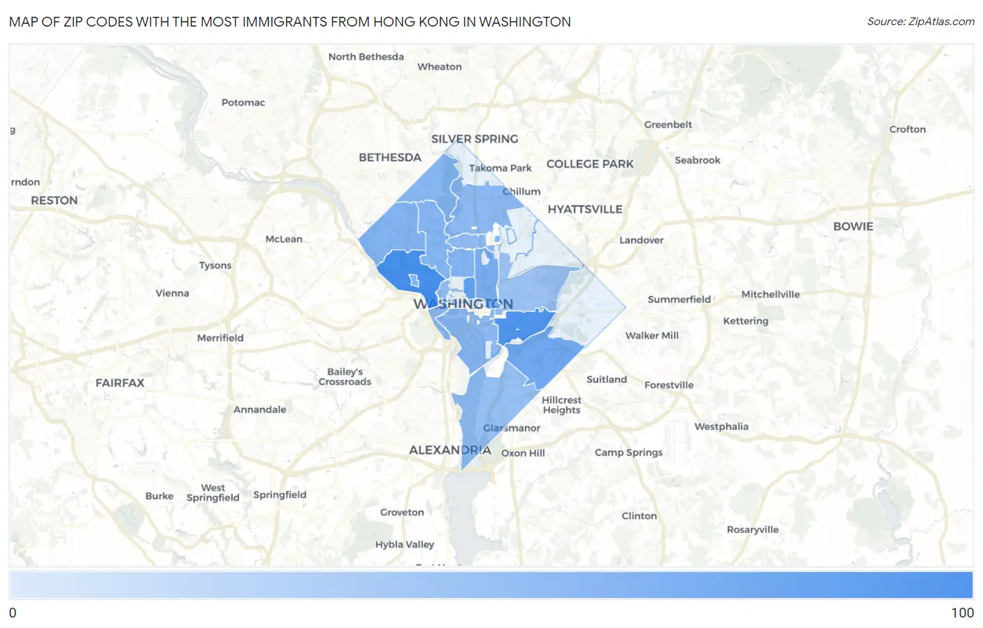 Zip Codes with the Most Immigrants from Hong Kong in Washington Map