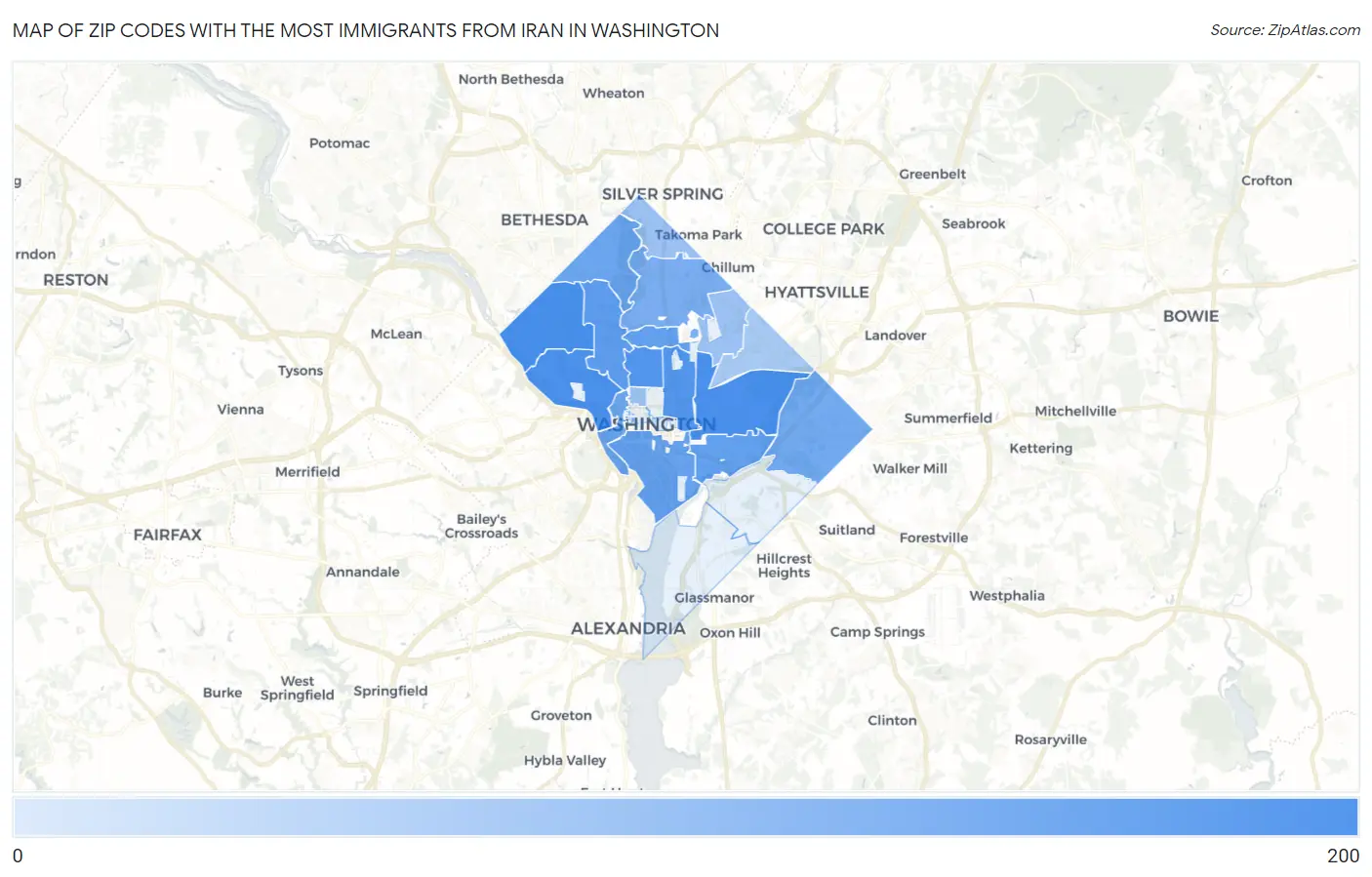 Zip Codes with the Most Immigrants from Iran in Washington Map