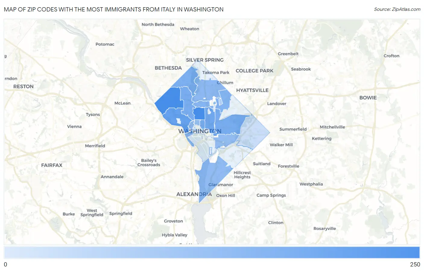 Zip Codes with the Most Immigrants from Italy in Washington Map