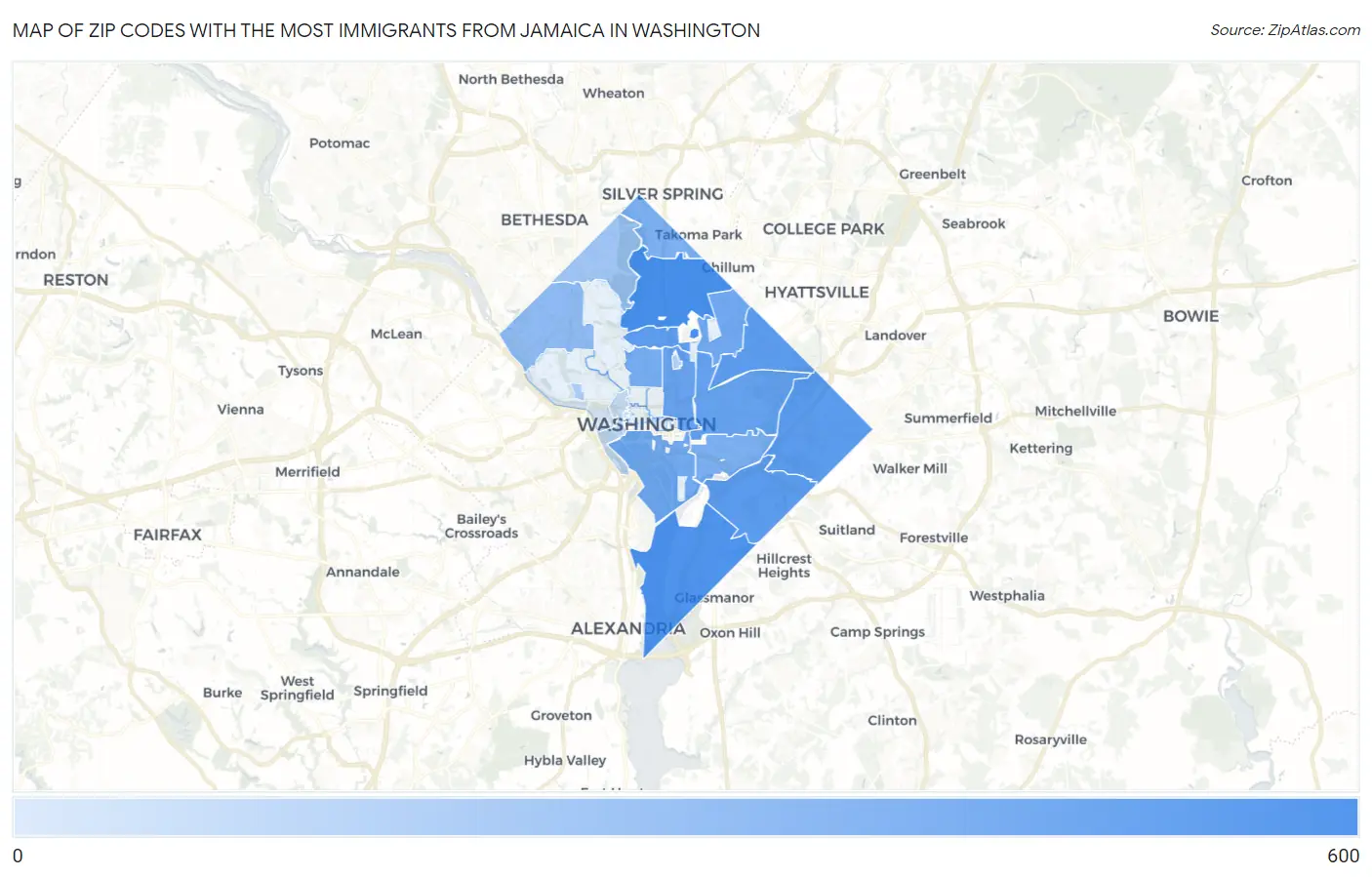 Zip Codes with the Most Immigrants from Jamaica in Washington Map