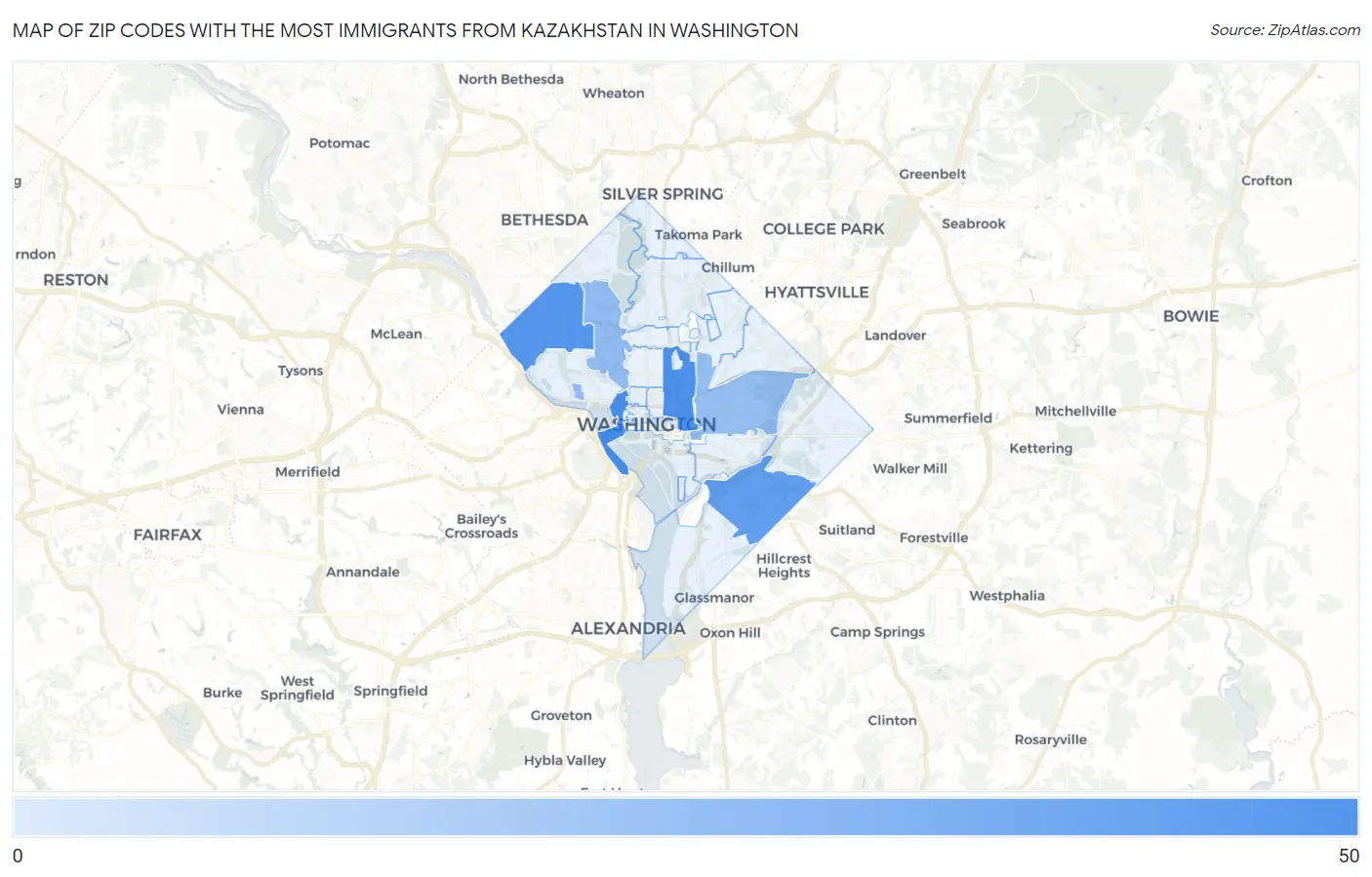 Zip Codes with the Most Immigrants from Kazakhstan in Washington Map