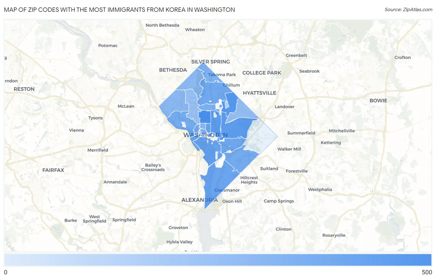 Zip Codes with the Most Immigrants from Korea in Washington Map