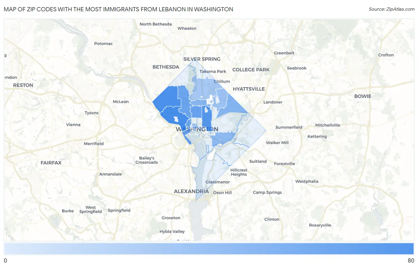 Zip Codes with the Most Immigrants from Lebanon in Washington Map