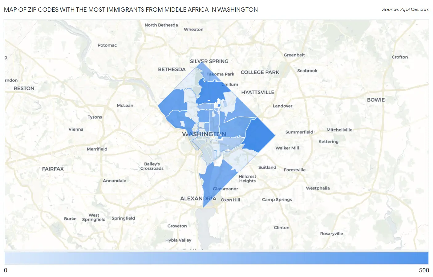 Zip Codes with the Most Immigrants from Middle Africa in Washington Map