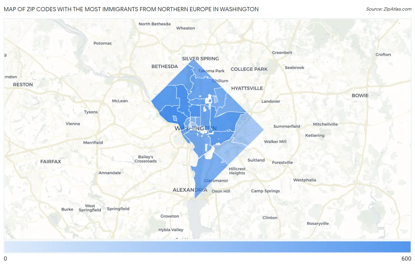 Zip Codes with the Most Immigrants from Northern Europe in Washington Map