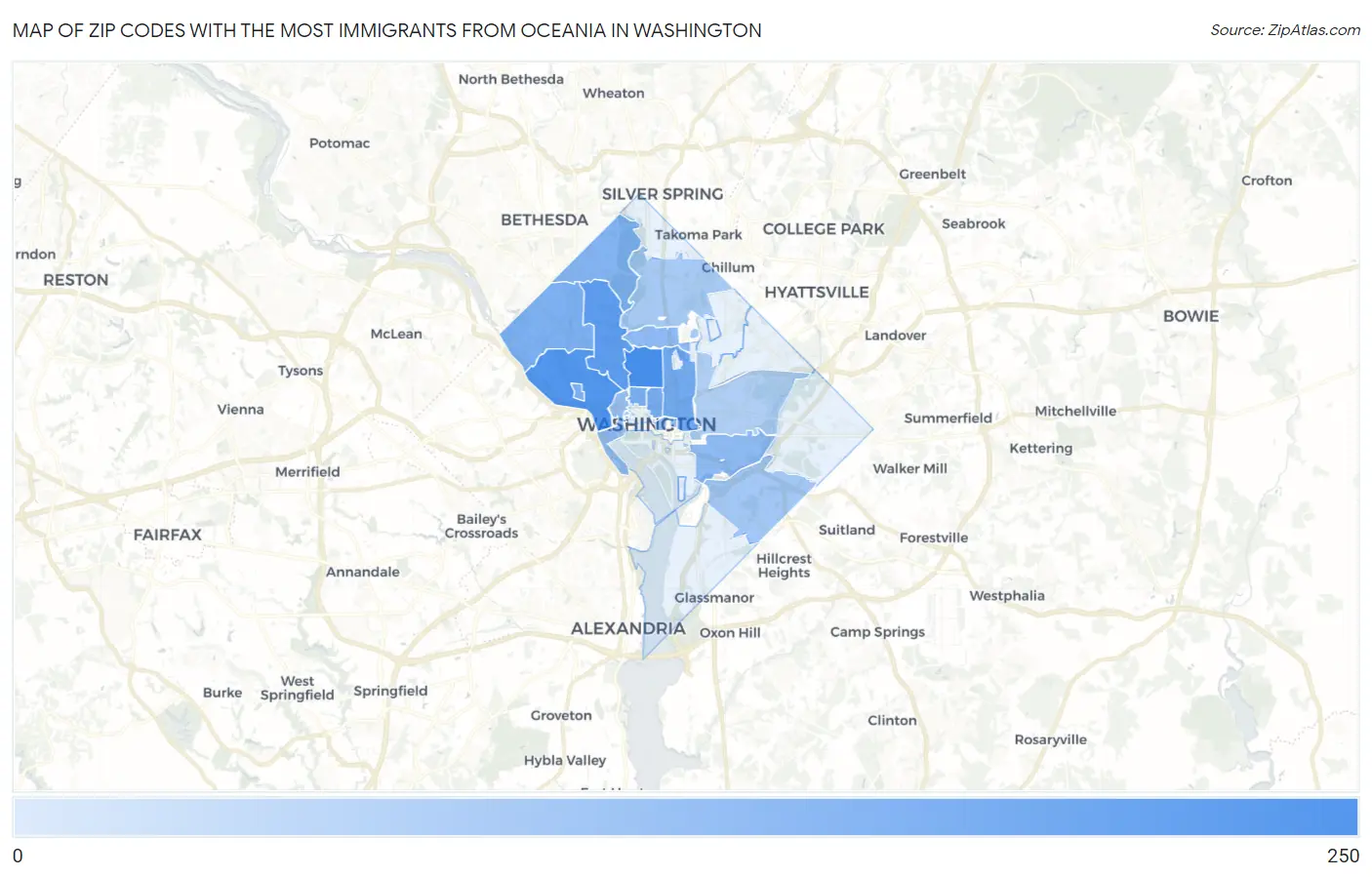 Zip Codes with the Most Immigrants from Oceania in Washington Map