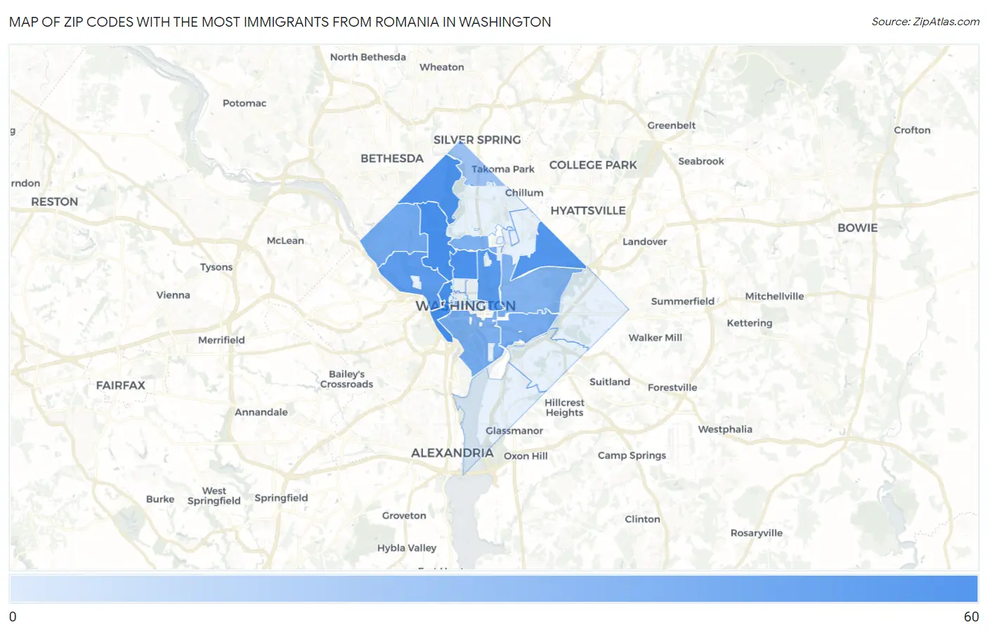 Zip Codes with the Most Immigrants from Romania in Washington Map