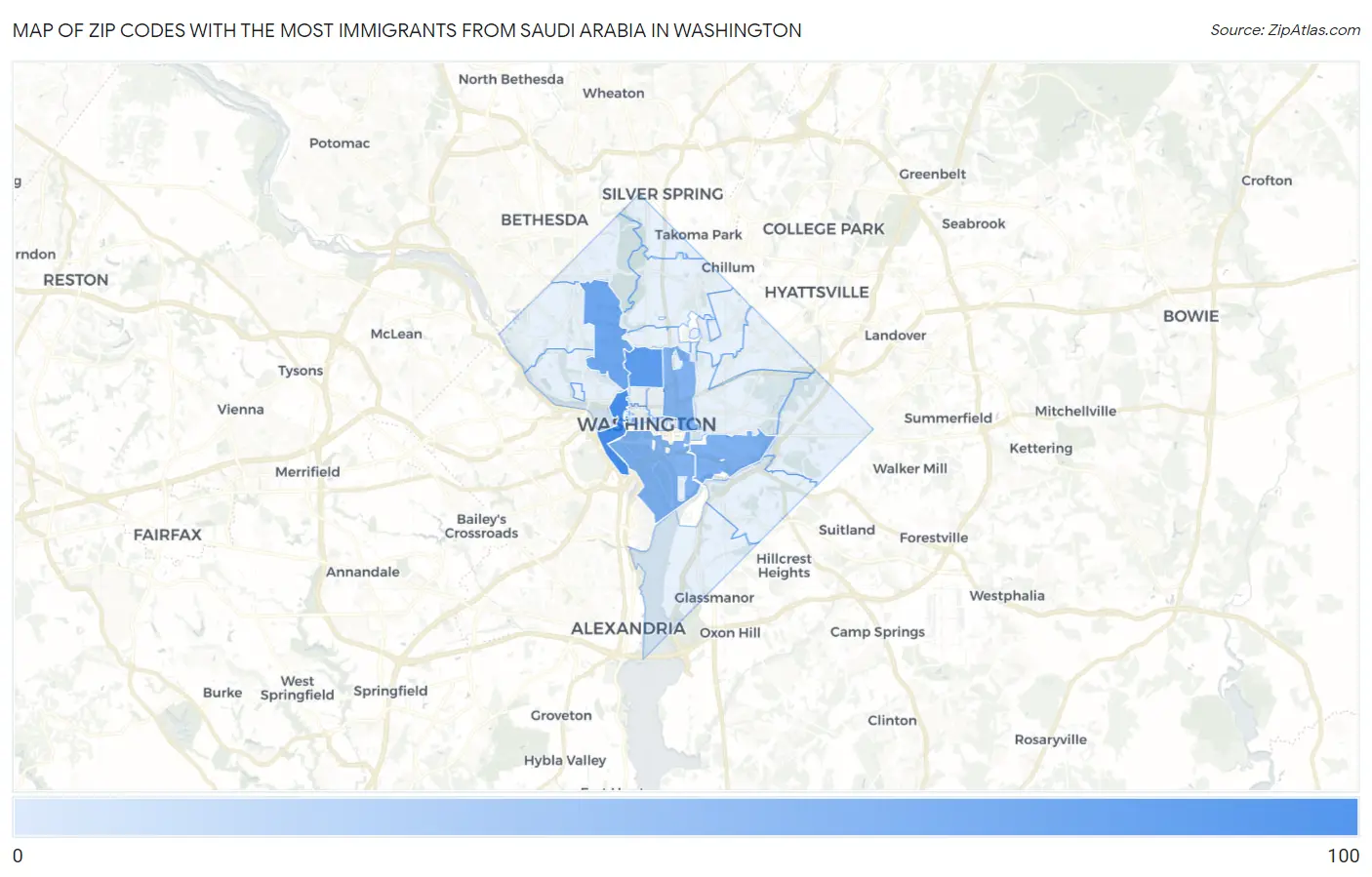 Zip Codes with the Most Immigrants from Saudi Arabia in Washington Map